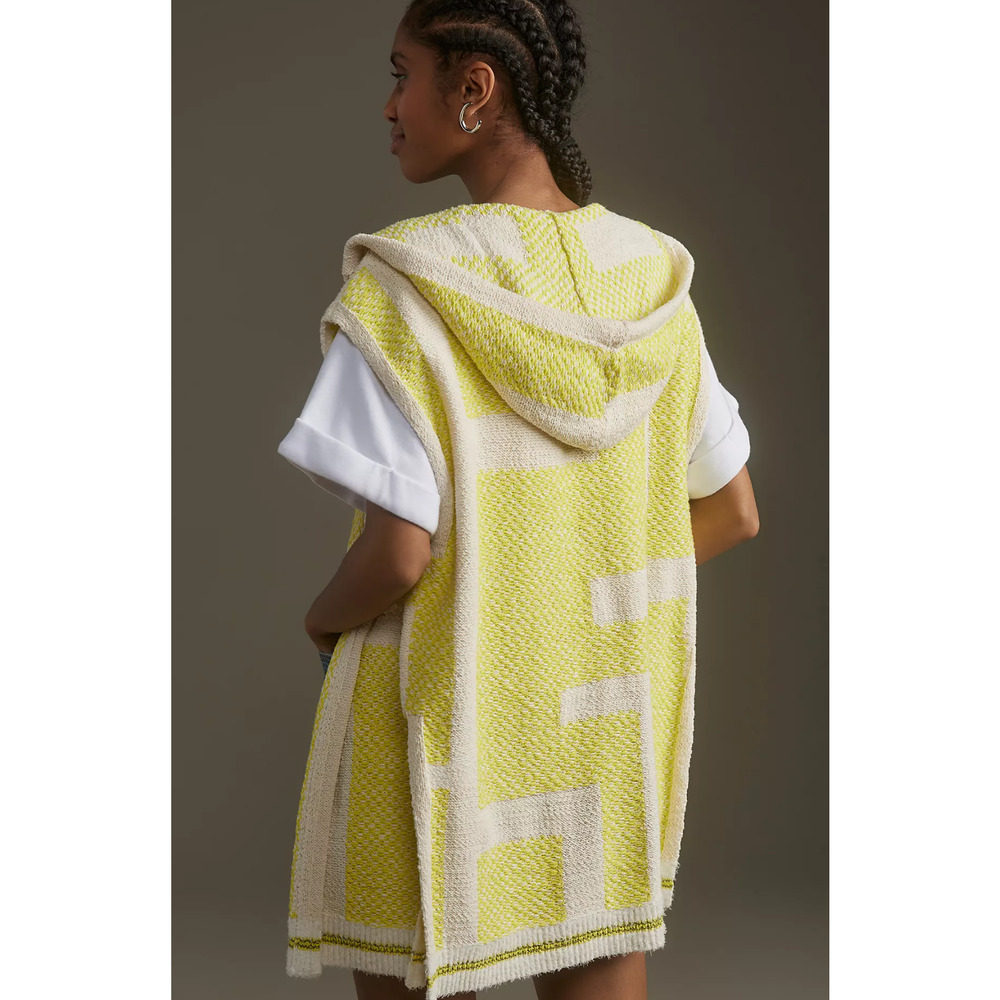 NWT Anthropologie Fringe Hooded Yellow and White Sweater Vest - Size Medium - Picture 4 of 5